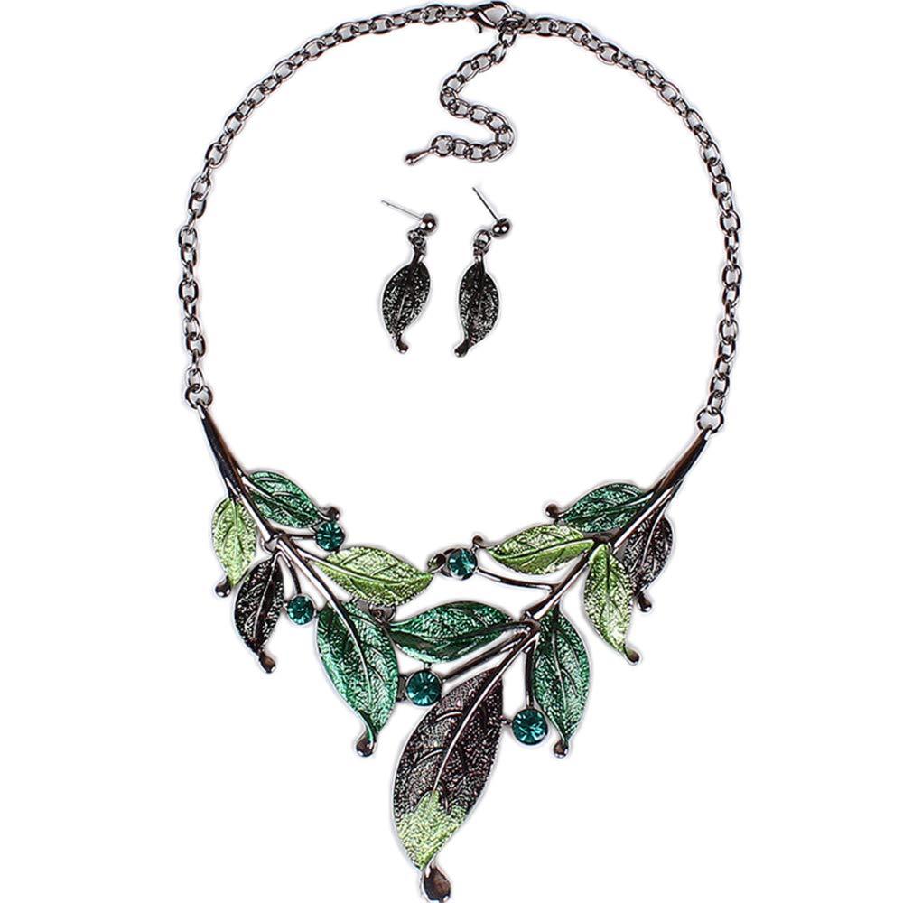 [Australia] - ZTHREAD Chunky Bib Collar Necklace Vintage Leaf Bohemian Boho Statement Necklace Earring Women Fashion Jewerly Set Green 