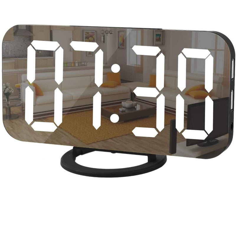 [Australia] - Digital Clock Large Display, LED Alarm Electric Clocks Mirror Surface for Makeup with Diming Mode, 3 Levels Brightness, Dual USB Ports Modern Decoration for Home Bedroom Decor-Black Black-white 