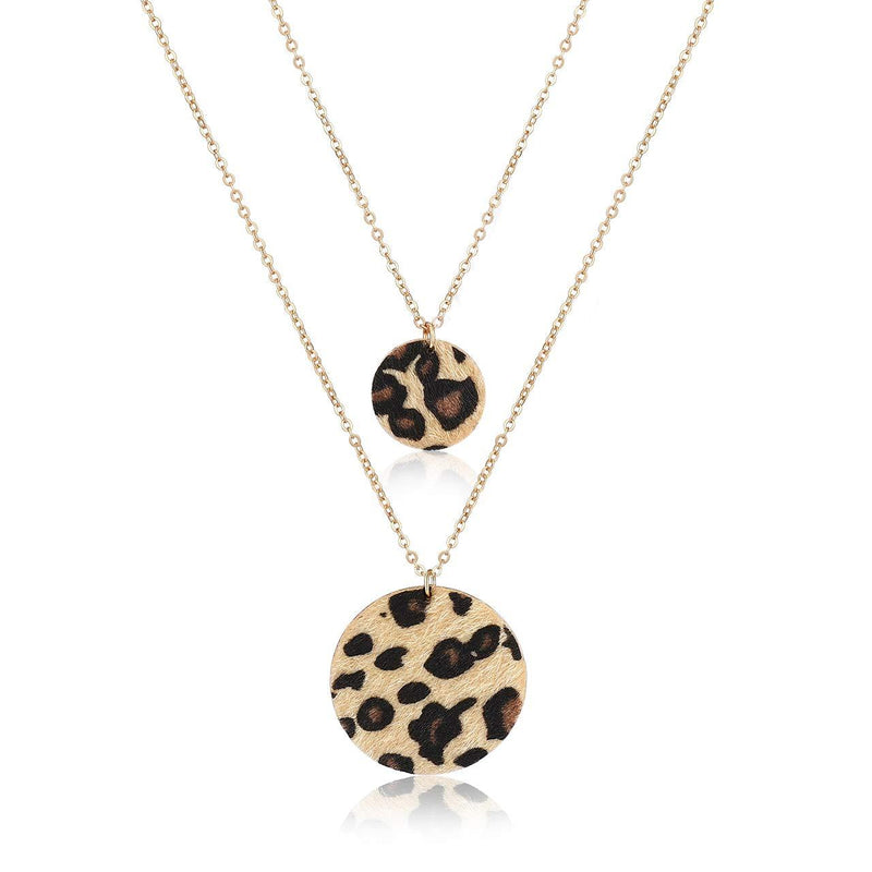 [Australia] - CEALXHENY Long Necklaces for Women Double Layer Necklaces Y Shape Horsehair Disc Pendant Necklaces for Girls A Leopard Fur 