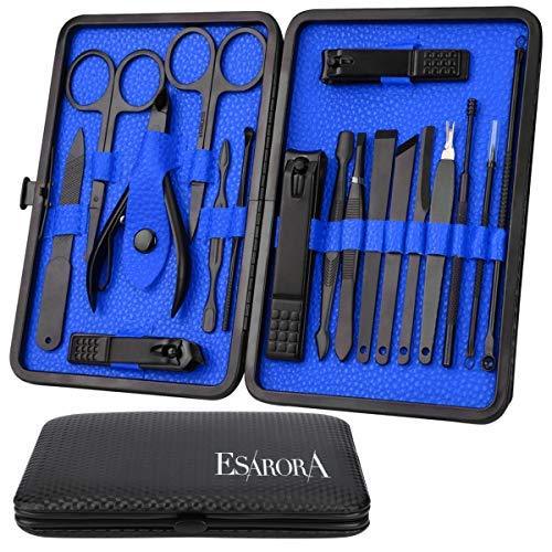 [Australia] - Manicure Set, ESARORA 18 In 1 Stainless Steel Professional Pedicure Kit Nail Scissors Grooming Kit with Black Leather Travel Case 18 in 1 Blue 