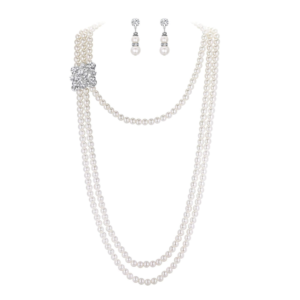 [Australia] - EVER FAITH Women's Crystal Cream Simulated Pearl 1920s Gatsby Multilayer Vintage Bridal Jewelry Set with Flower Brooch Flower with Leaf 