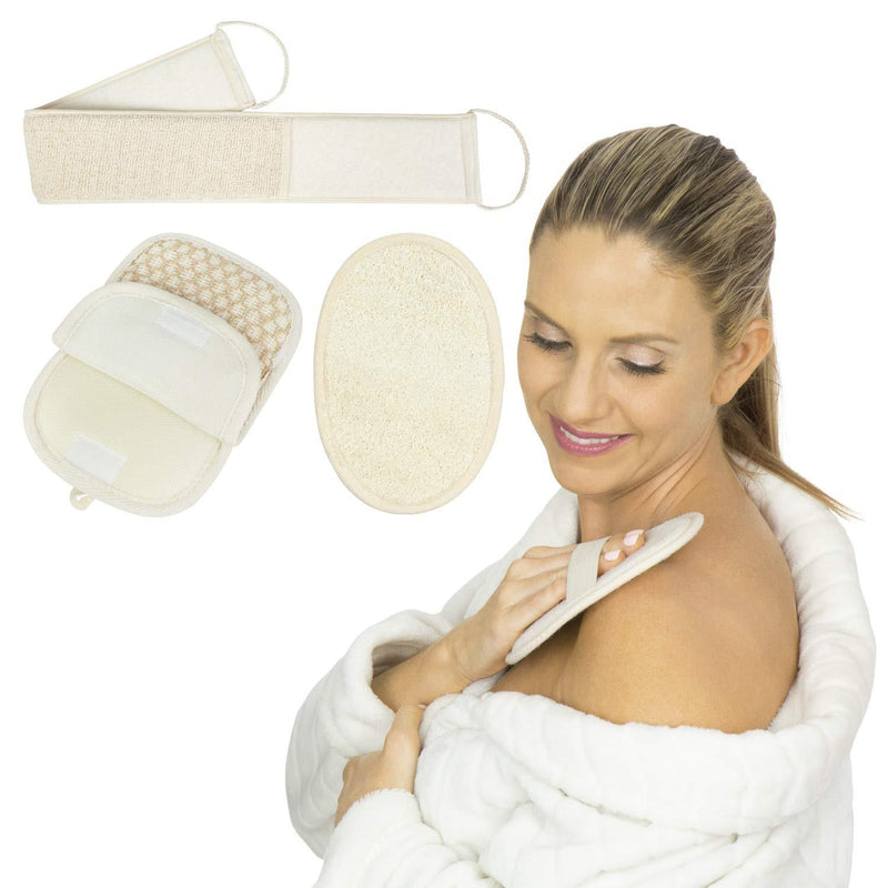 [Australia] - Vive Body Scrubbers For Use In Shower (3 piece) - Sponge Brush Loofah Pack For Exfoliating In Bath - Exfoliate And Wash Back, Scalp, Face - Soft Luffa with Handle And Soap Holder - Men, Women, Elderly Premium 