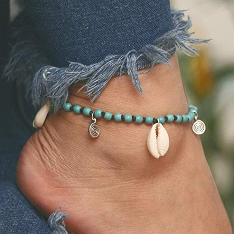 [Australia] - Aukmla Boho Weave Turquoise Ankle Bracelet Black Shell Pendant Anklets Chain Beach Foot Jewelry for Women and Girls 