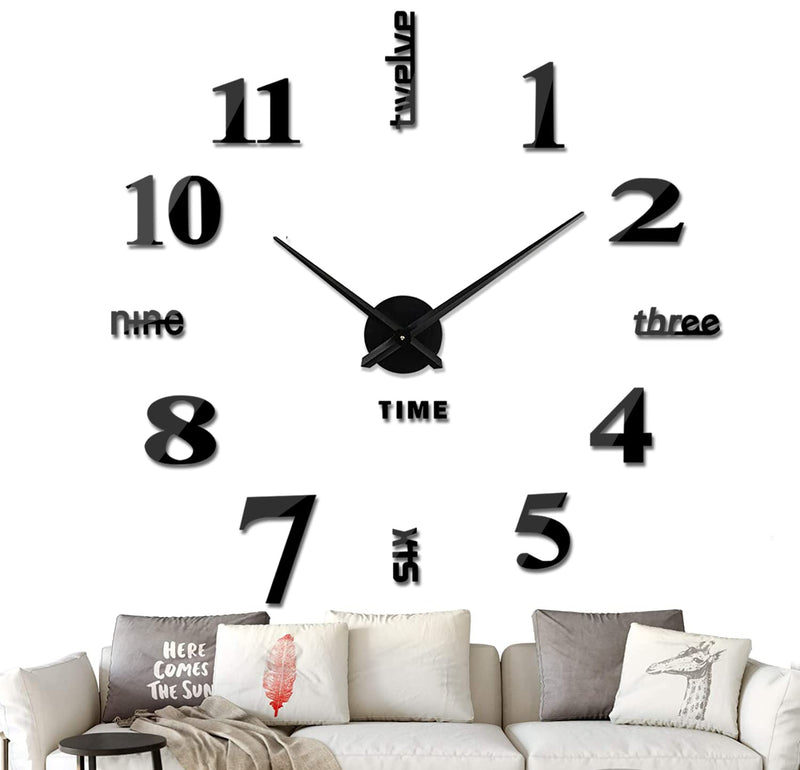 [Australia] - VREAONE Frameless DIY Wall Clock,Large Modern 3D Mirror Wall Clock Decor Sticker DIY Clock kit for Home Living Room Bedroom Office Wall Decorations(Black) Black 