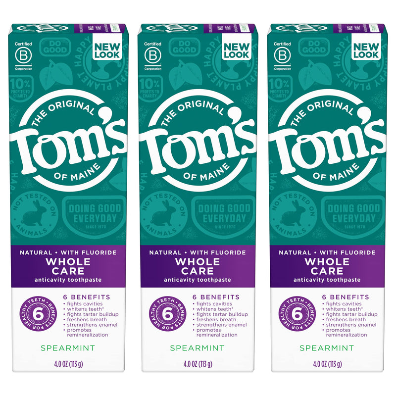 [Australia] - Tom's of Maine Whole Care Natural Toothpaste with Fluoride, Spearmint, 4 oz. 3-Pack (Packaging May Vary) 4 Ounce (Pack of 3) 