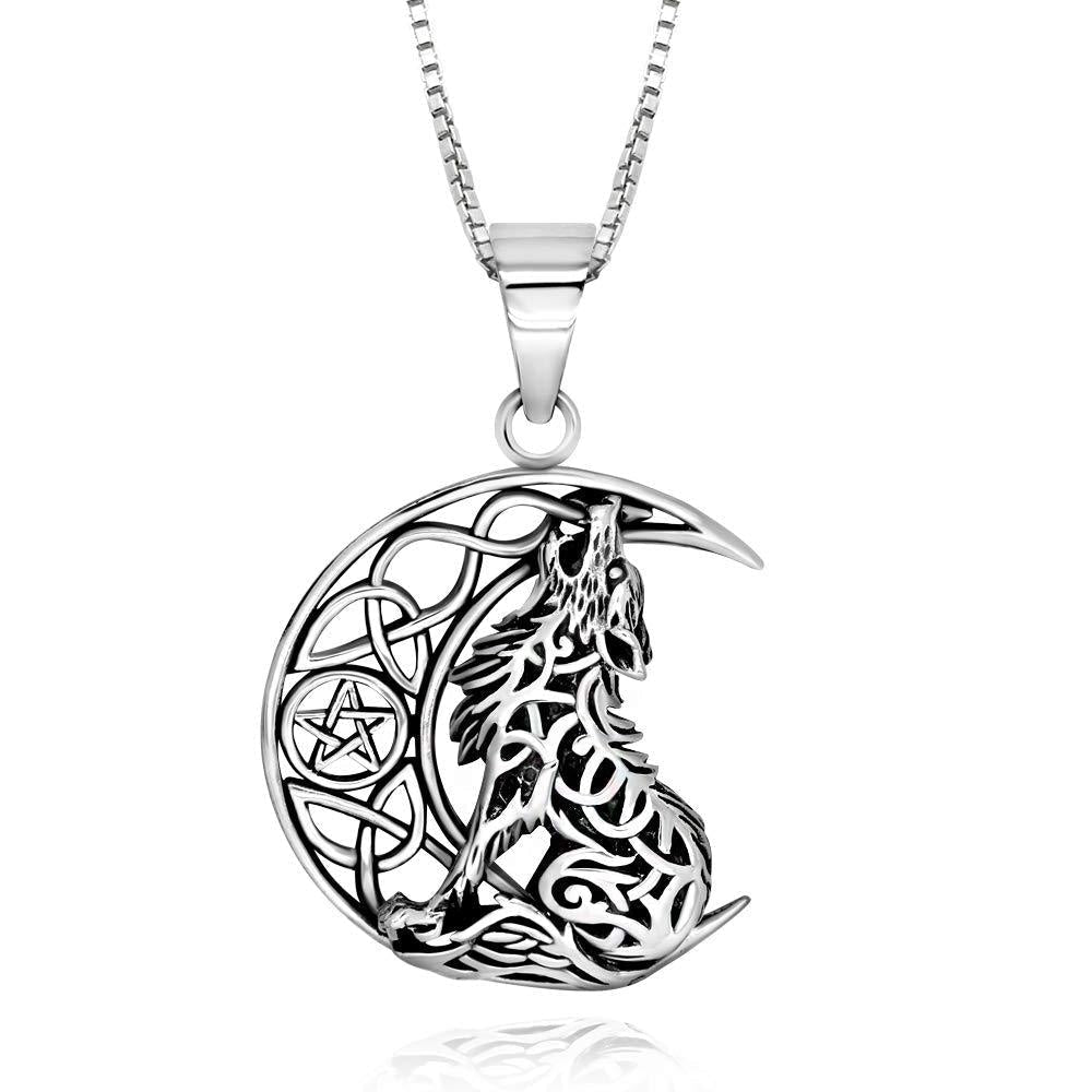 [Australia] - 925 Sterling Silver Celtic Crescent Moon Wolf Pendant Necklace, 18" 