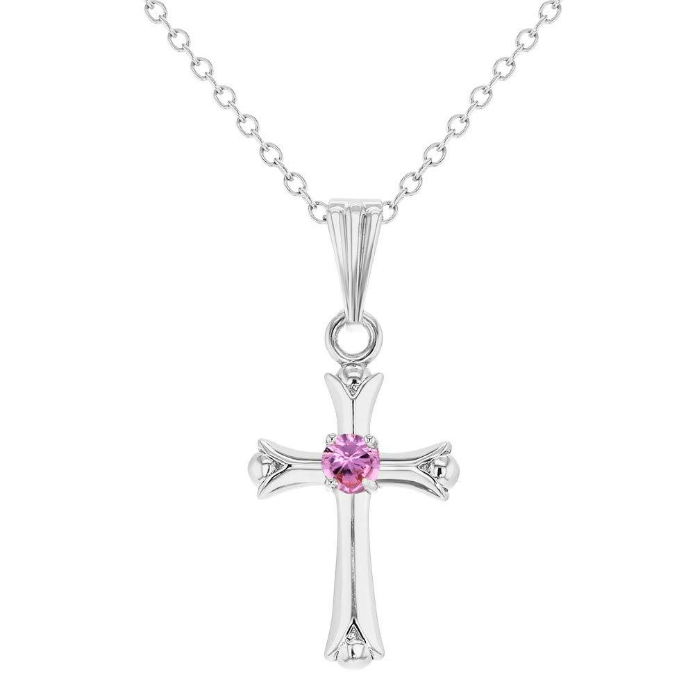 [Australia] - 925 Sterling Silver Cross Cubic Zirconia Necklace Pendant for Girls 16" Pink CZ 