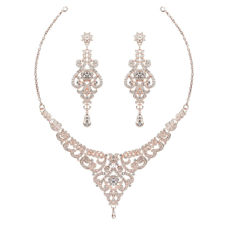 [Australia] - HapiBuy Crystal Wedding Jewelry Set Necklace Earring Set for Women and Brides Rose Gold and Silver Bridal Statement Jewelry Sets 