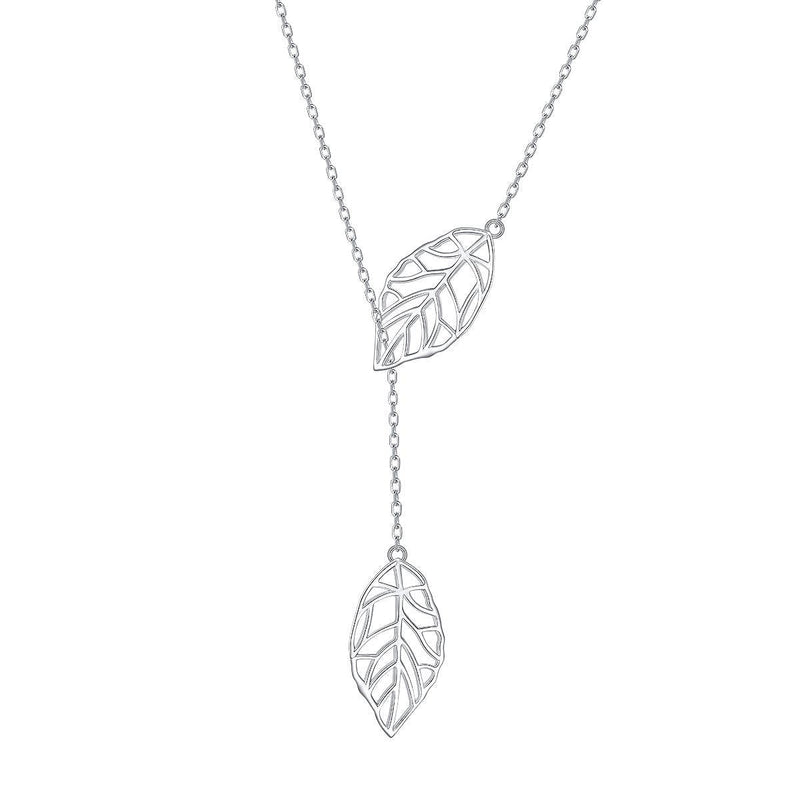 [Australia] - Long Necklace Sterling Silver Larait Bar Y Lariat Long Chain Drop Adjustable Necklace Gift for Her, 30" Long Leaf Lariat Necklace 
