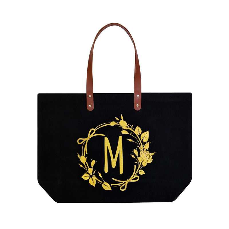 [Australia] - ElegantPark Birthday Gifts for Women Personalized Monogrammed Gifts Bag Monogram M Initial Bags and Totes for Wedding Gifts Teacher Gifts Bag with Pocket Black Canvas Tote Bag 