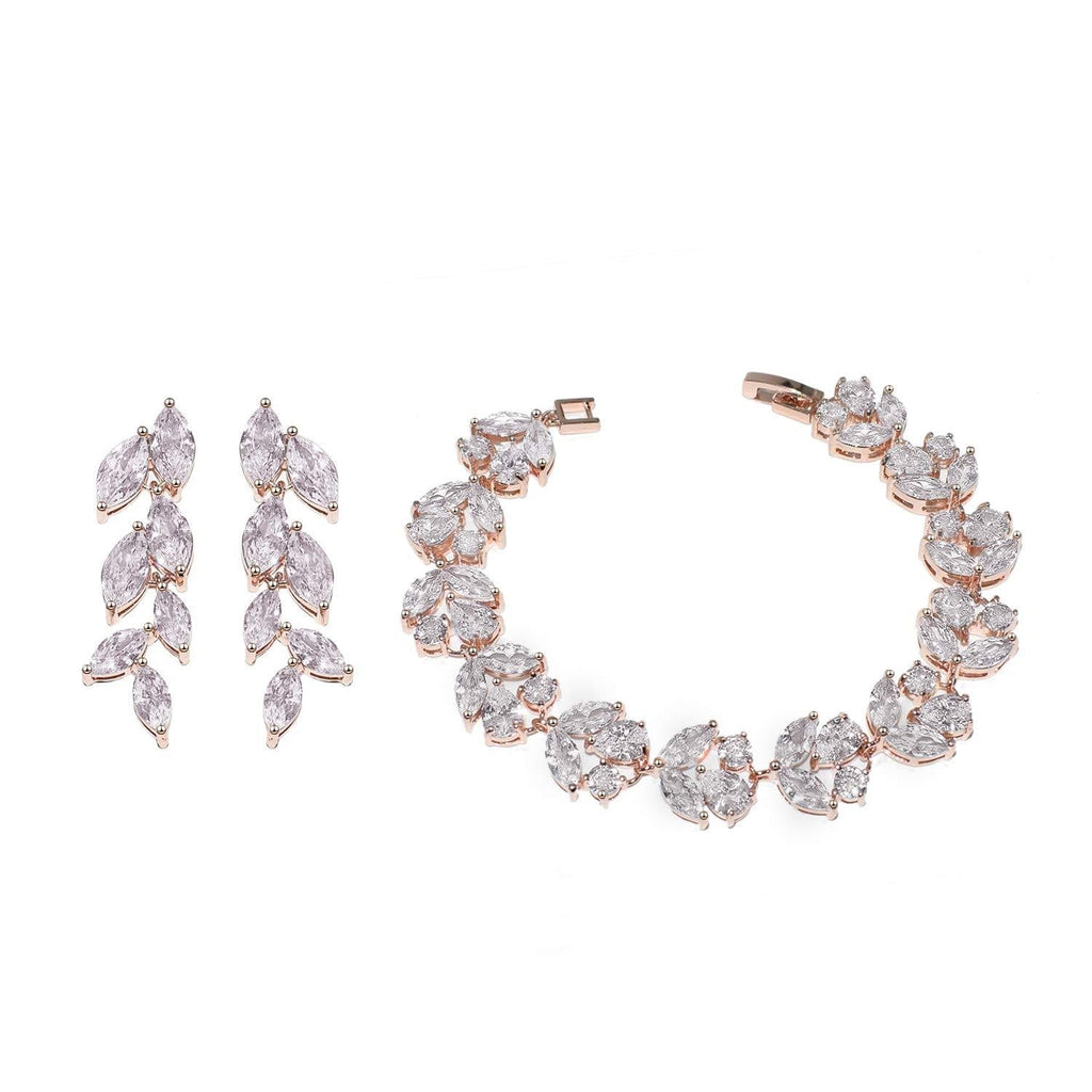 [Australia] - UDORA Cubic Zirconia Leafs Earrings Bracelet Jewelry Set For Bridal Bridesmaid Wedding Prom Rose Gold 