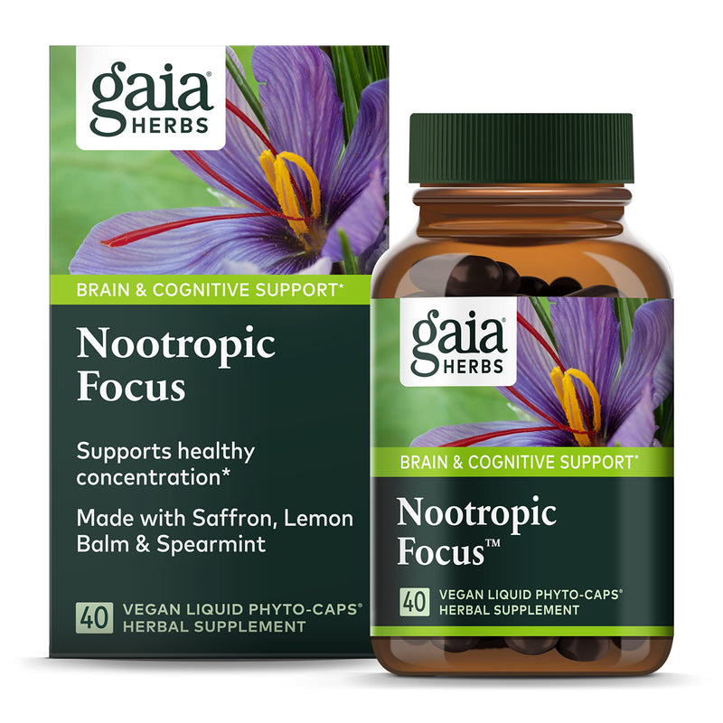 [Australia] - Gaia Herbs Nootropic Focus - Brain & Cognitive Support Supplement to Help Maintain Healthy Concentration* - with Saffron, Lemon Balm & Spearmint - 40 Liquid Phyto-Capsules (Up to 20-Day Supply) 40 Count (Pack of 1) 