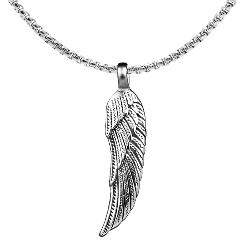 [Australia] - Fusamk Punk Stainless Steel Wing Pendant Feather Necklace,24" Box Chain Steel Feather 