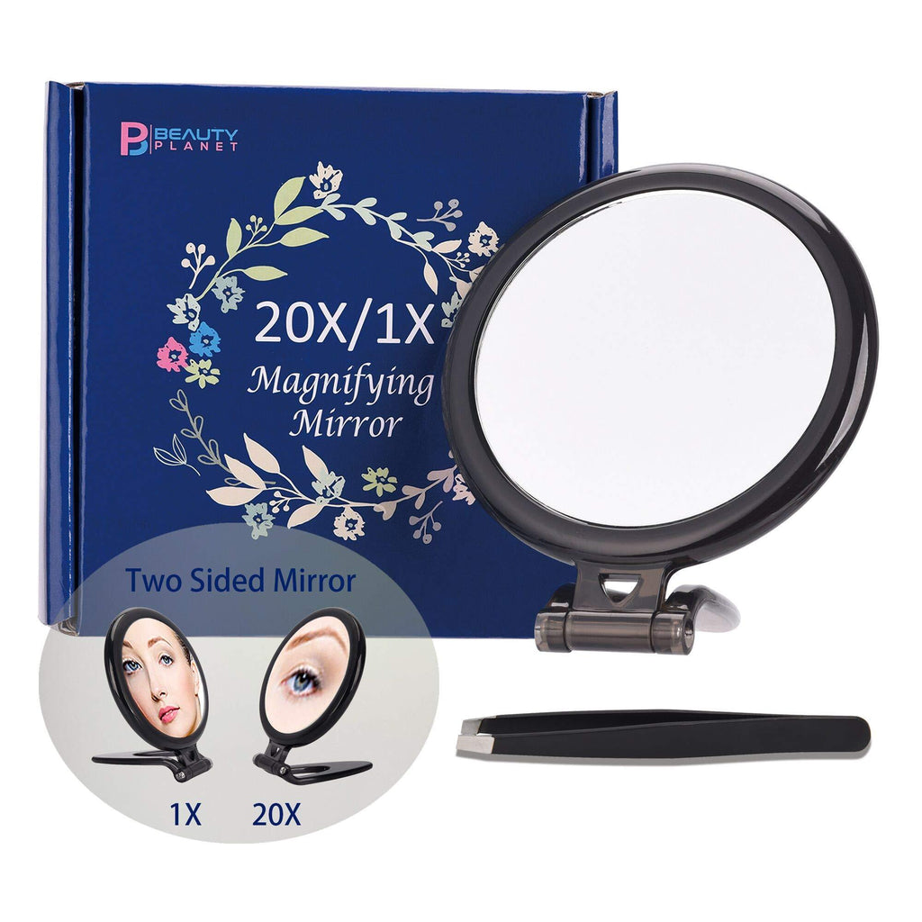 [Australia] - 20X Magnifying Mirror, Two Sided Mirror, 20X/1X Magnification, Folding Makeup Mirror with Handheld/Stand,Use for Makeup Application, Tweezing, and Blackhead/Blemish Removal. (Black) Black 
