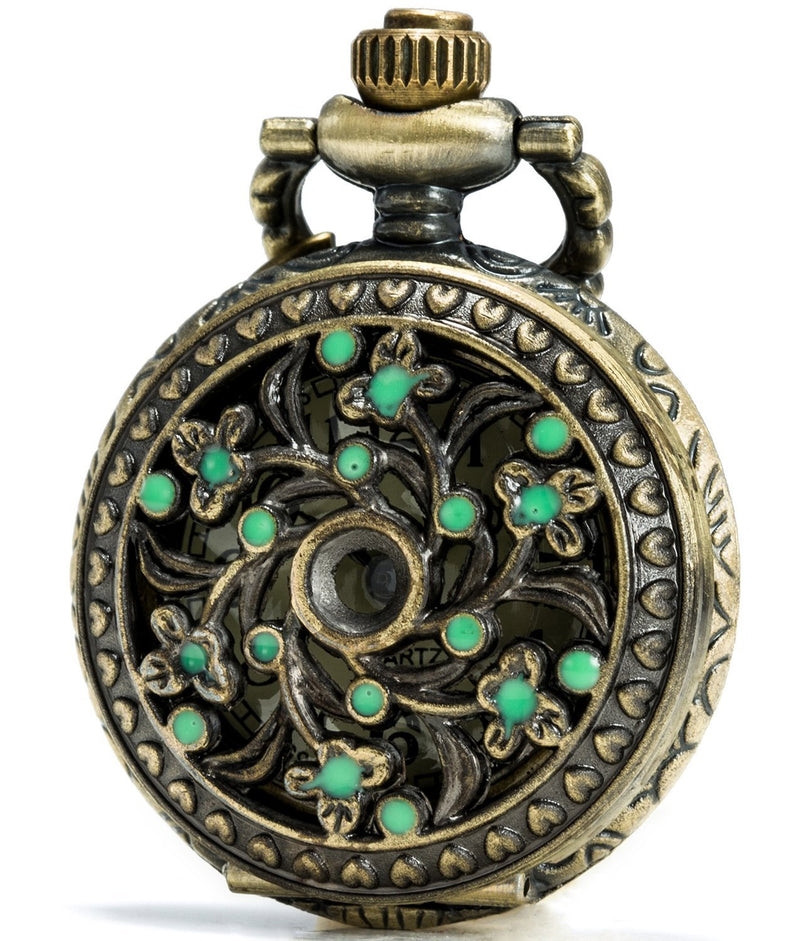 [Australia] - SEWOR Delicate Pandent Quartz Pocket Watch Green Flower Bronze Case 