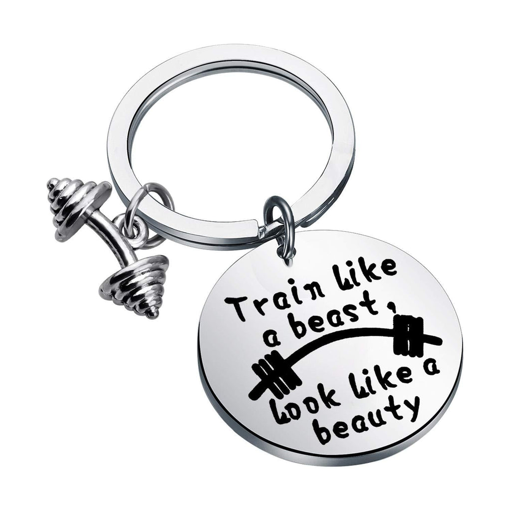 [Australia] - FEELMEM Workout Gift Fitness Gift Train Like a Beast Look Like a Beauty Sports Quotes Bodybuilding Keychain Gift for Bodybuilder Personal Trainer Silver 