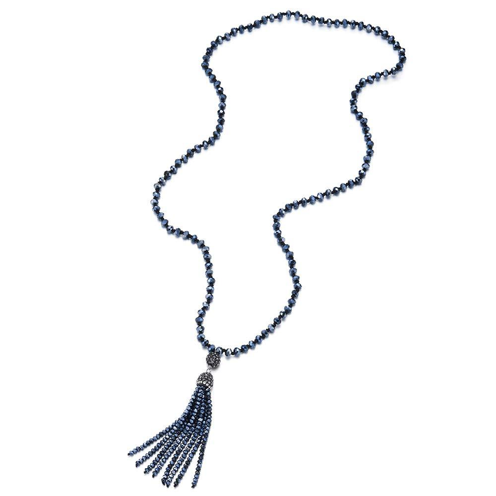 [Australia] - COOLSTEELANDBEYOND Fashion Statement Necklace Y-Shape Fringe Tassel Pendant Dark Grey Blue Crystal Beads Long Chain 