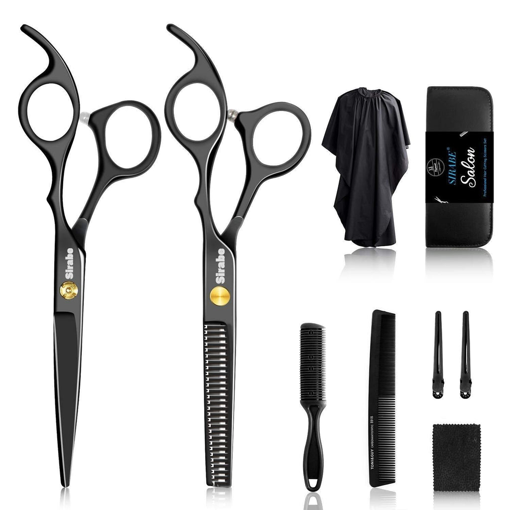 [Australia] - Sirabe 10 PCS Hair Cutting Scissors Set, Professional Haircut Scissors Kit with Cutting Scissors,Thinning Scissors, Comb,Cape, Clips, Black Hairdressing Shears Set for Barber, Salon, Home 