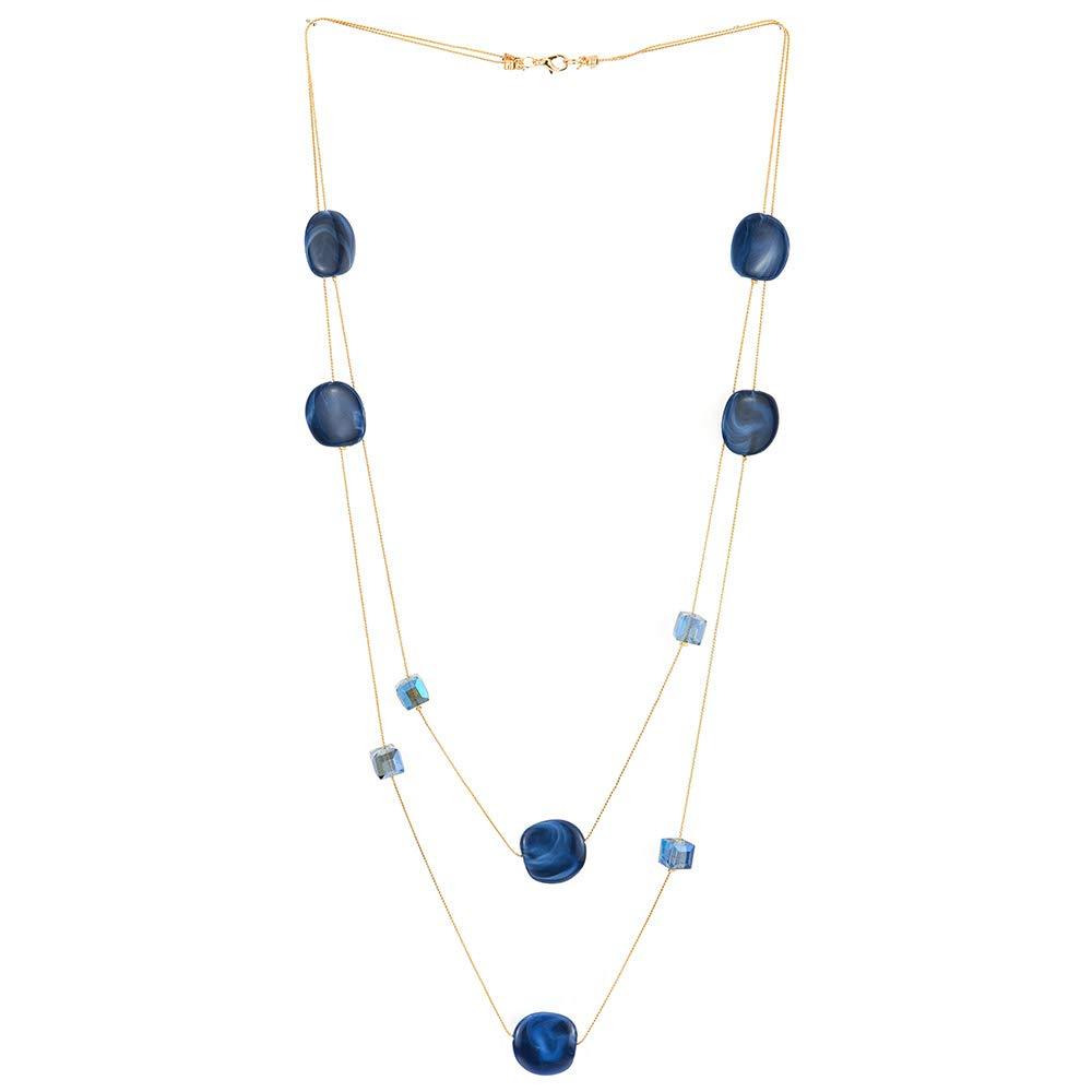 [Australia] - COOLSTEELANDBEYOND Elegant Gold Statement Necklace Two-Strand Long Chain with Blue Cube Crystal Beads and Circle Charms 