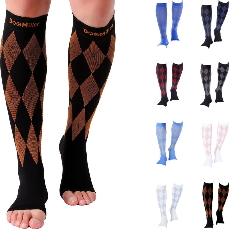 [Australia] - Doc Miller Open Toe Compression Socks Women 20-30mmHg, 1 Pair Toeless Socks for Women and Men - Argyle Design Large Black.orange Open Toe 