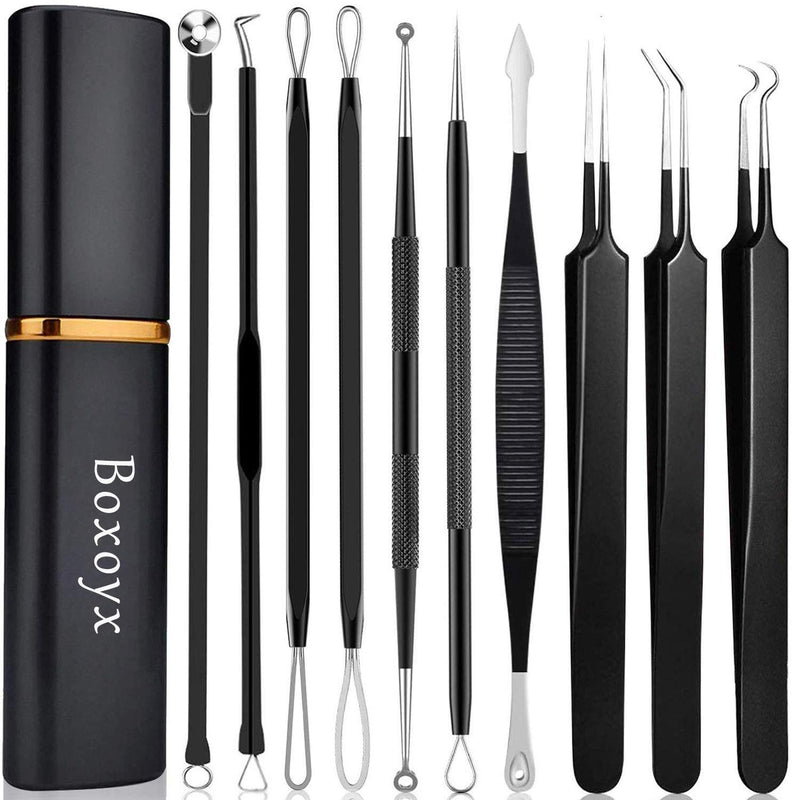 [Australia] - Pimple Popper Tool Kit - Boxoyx 10 Pcs Blackhead Remover Comedone Extractor Kit with Metal Case for Quick and Easy Removal of Pimples, Blackheads, Zit Removing, Forehead,Facial and Nose（Black) BLACK 