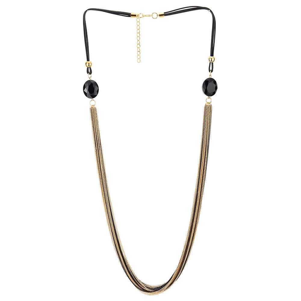[Australia] - COOLSTEELANDBEYOND Gold Black Statement Necklace Multi-Strand Long Chains with Black Gem Stone Charms Pendant, Dress 