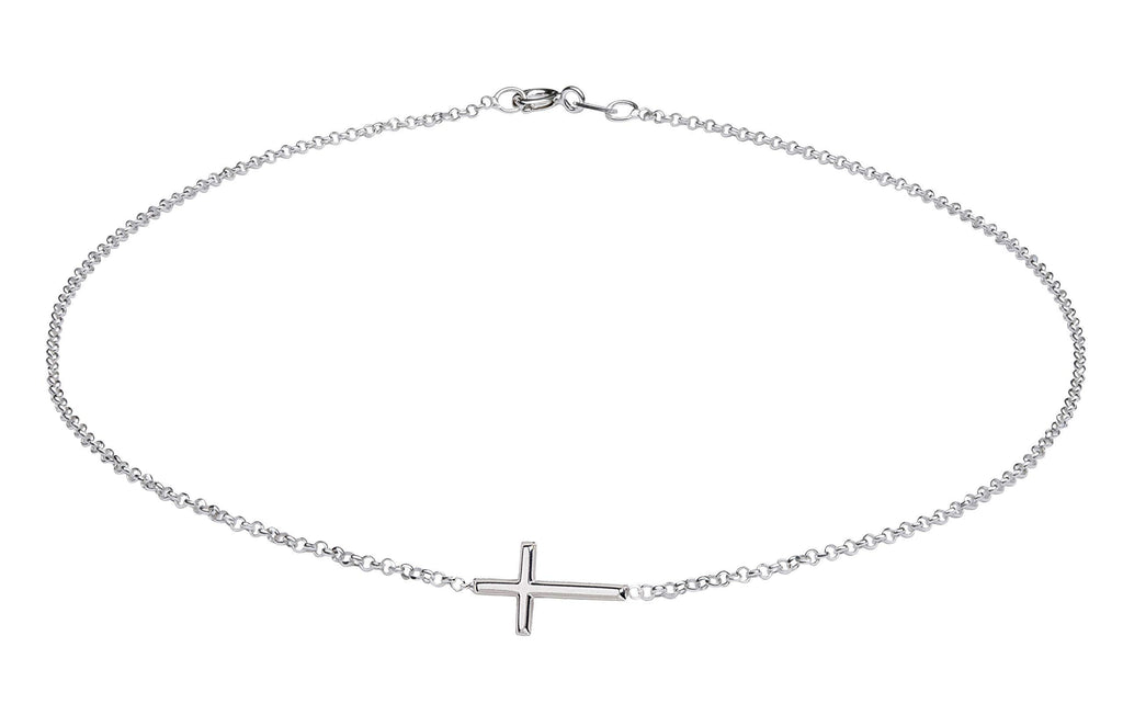 [Australia] - Sterling Silver First Communion Sideways Horizontal Cross Necklace for Girls and Women 14" 