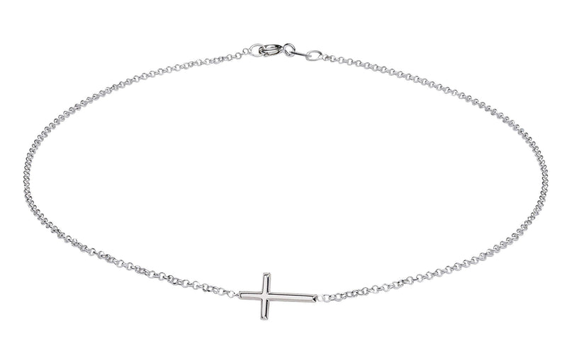 [Australia] - Sterling Silver First Communion Sideways Horizontal Cross Necklace for Girls and Women 14" 