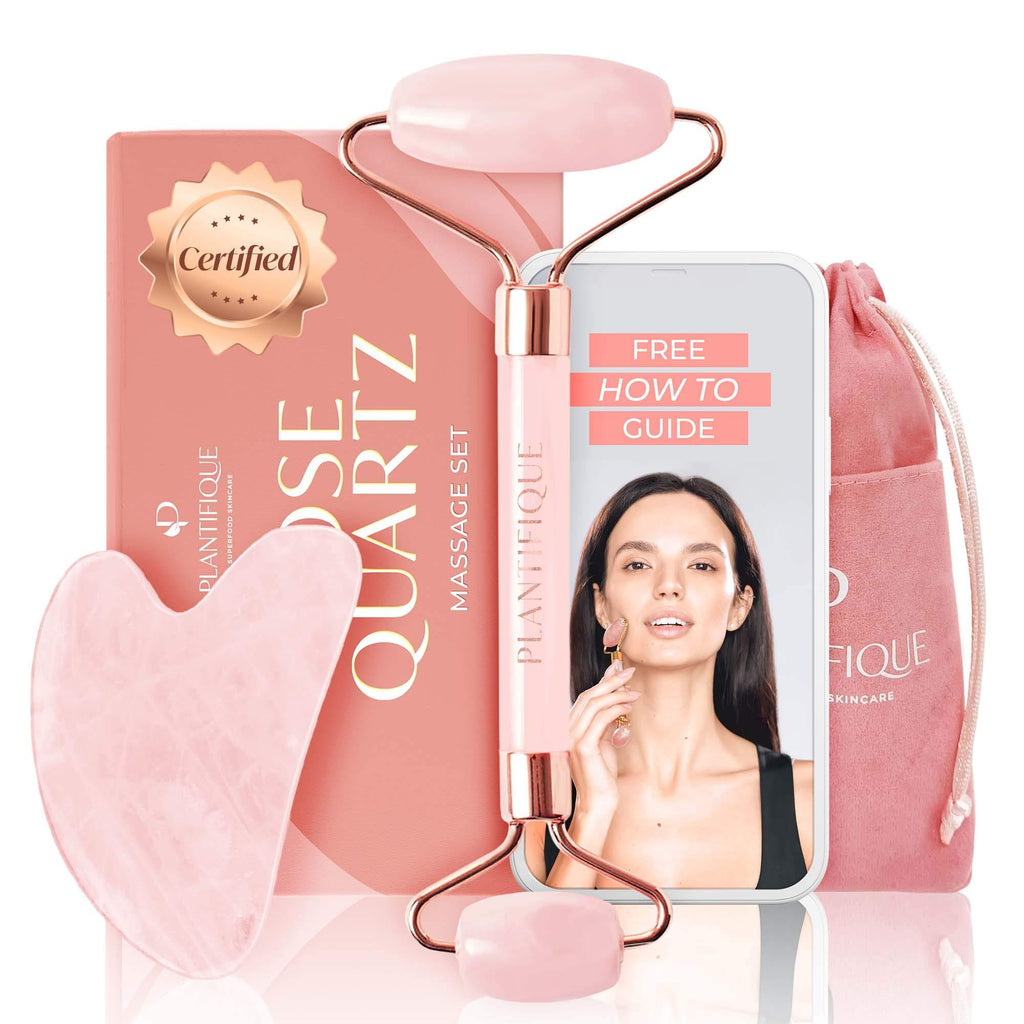 [Australia] - Rose Quartz Roller By Plantifique - Skincare Face Massager - Face Roller - Anti Aging - Face Care Tools - Facial Roller For Wrinkles With Guasha Tool For Face - Rose Quartz Face Roller 