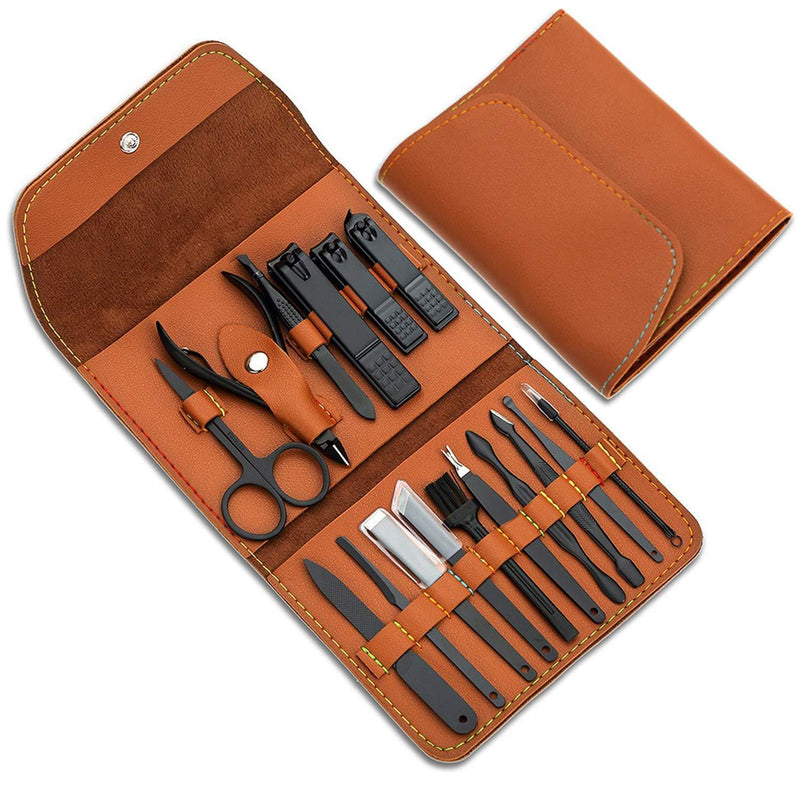 [Australia] - Gifts for Men/Women, Stainless Steel Manicure Set with PU leather case, Personal care tool (brown) 