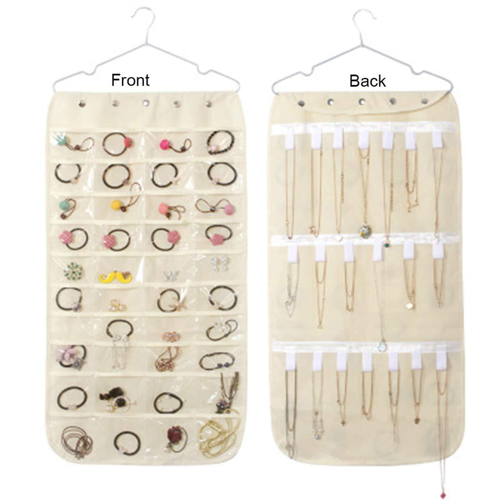 [Australia] - Yisireal Hanging Jewelry Organizer Holder Bag Double Sided 40 Pockets & 20 Magic Tape Hook Storage Bag Closet Storage Display Pouch for Earrings Necklace Bracelet Ring Cosmetic (Beige) Beige 