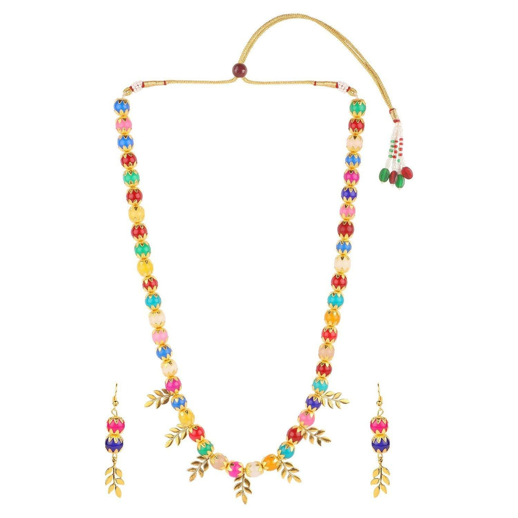 [Australia] - Efulgenz Boho Indian Bollywood Antique Leaf Tassel Faux Pearl Beaded Strand Statement Necklace Earrings Jewelry Set 