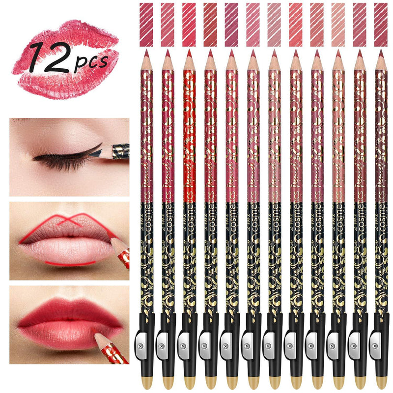 [Australia] - High Pigmented Lip Liner Set - Pack of 12 Creamy and Smooth 2-in-1 Matte Make Up Lip Liners Pencil for Daily/Travel/Party/Work, with Eyeliner Function and Sharpener dual lip liners 