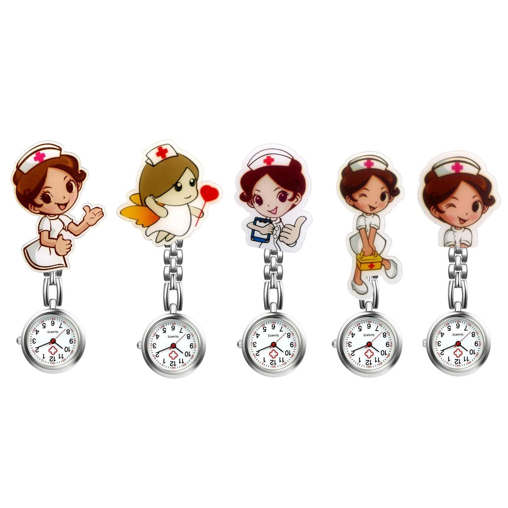 [Australia] - AVANER Nurse Watches Cute Cartoon Design Clip-on Fob Watches Analog Quartz Hanging Lapel Watches for Women (5 Pcs) Style1-click 