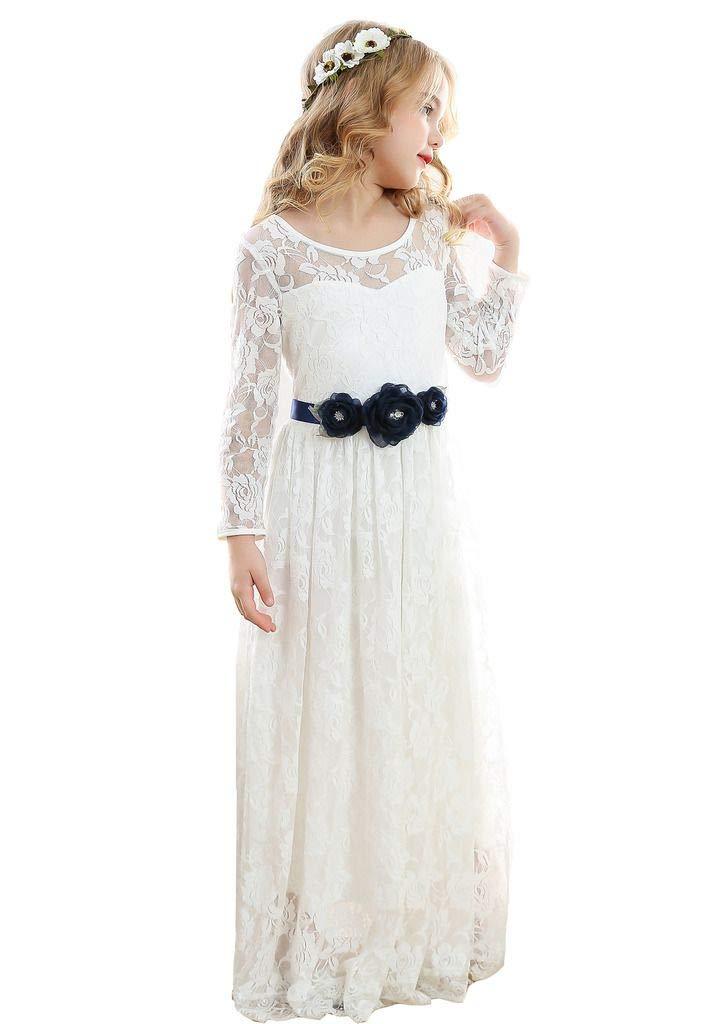 [Australia] - Bow Dream Long Sleeve Vintage Lace Flower Girl's Dress 2 White 
