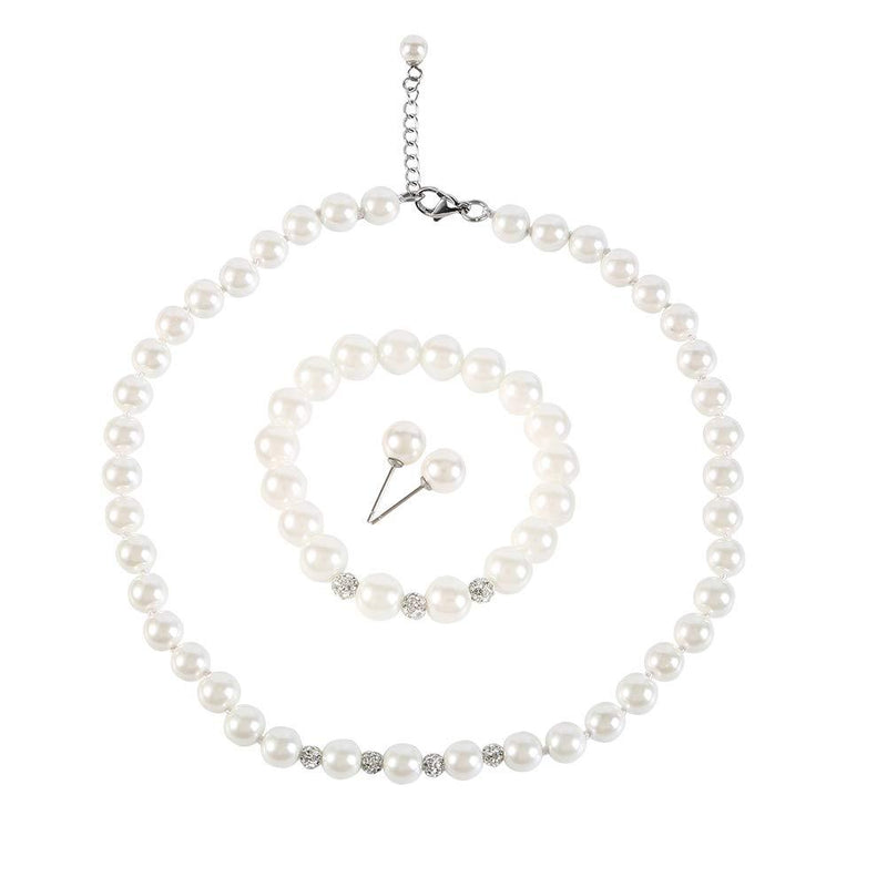 [Australia] - LEILE White 8mm Glass Pearls Necklace Bracelet Earring Diamond Jewelry 3 Set Wholesale for Women Little Girls 14.5inch 