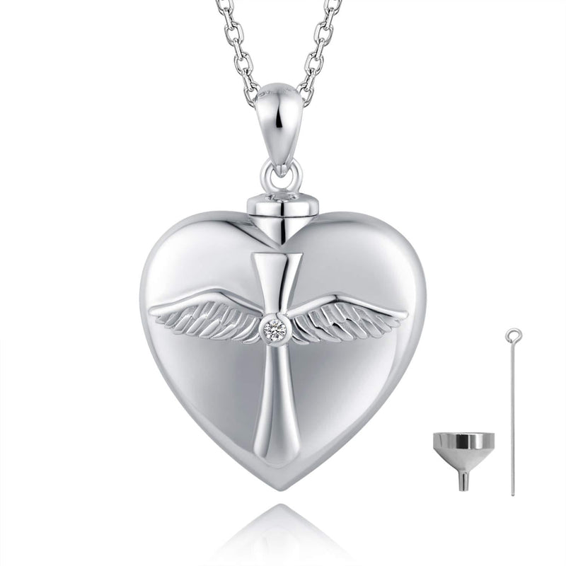 [Australia] - BEILIN 925 Sterling Silver Angel Wings Cross Urn Pendant Necklace Keepsake Memorial Heart Cremation Jewelry for Ashes: God has You in his arms I Have You in My Heart 
