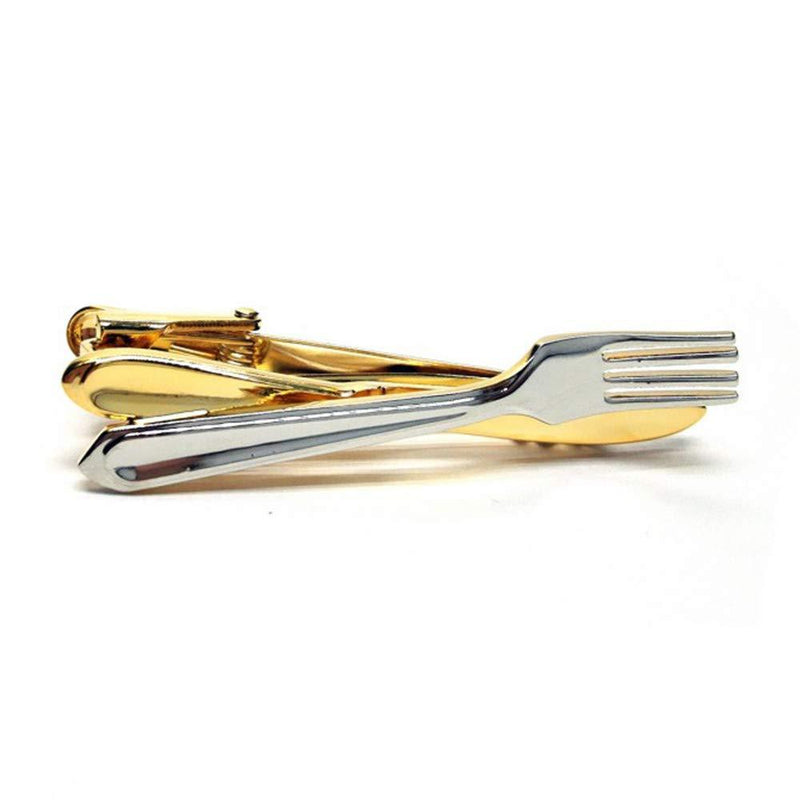 [Australia] - Flairs New York Gentleman's Premium Handmade Artisan Tie Bars Clips Cufflinks 2.0 Inches Gold Knife / Silver Fork 