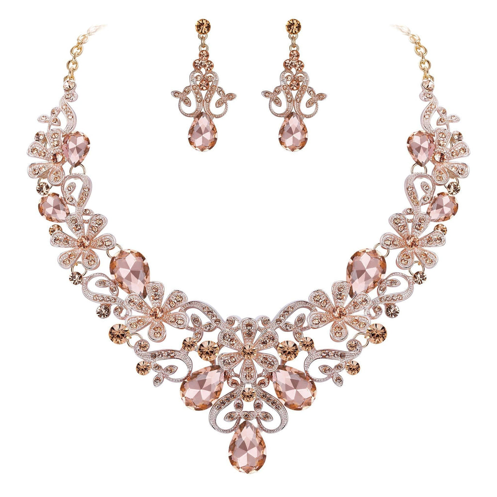 [Australia] - BriLove Women's Costume Elegant Crystal Flower Scroll Teardrop Statement Necklace Dangle Earrings Set Peach Rose-Gold-Tone 