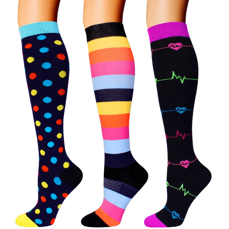 [Australia] - 3 Pairs Compression Socks for Women Men 20-30mmhg Knee High Stocking for Sports Running Travel Nurses Pregnancy Multicoloured 1 Small-Medium 