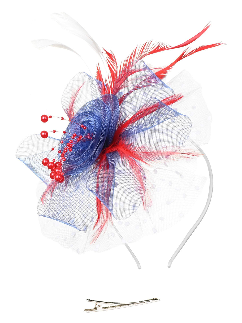 [Australia] - Fascinators Headband Tea Party Hats for Women Royal Wedding Hat Feather Mesh Hair Clip 1-red and White and Blue 