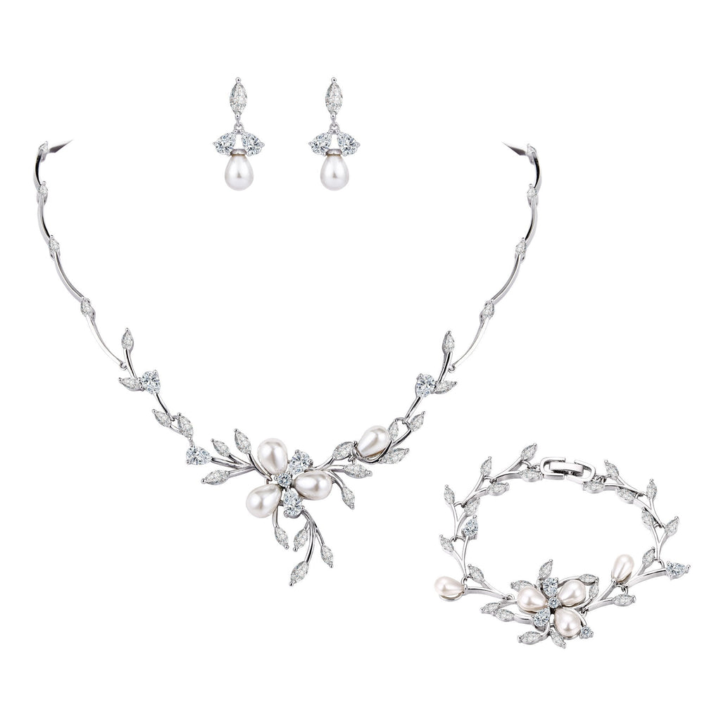 [Australia] - EVER FAITH Marquise CZ Simulated Pearl Bridal Flower Leaf Filigree Necklace Earrings Bracelet Set Clear Silver-Tone 