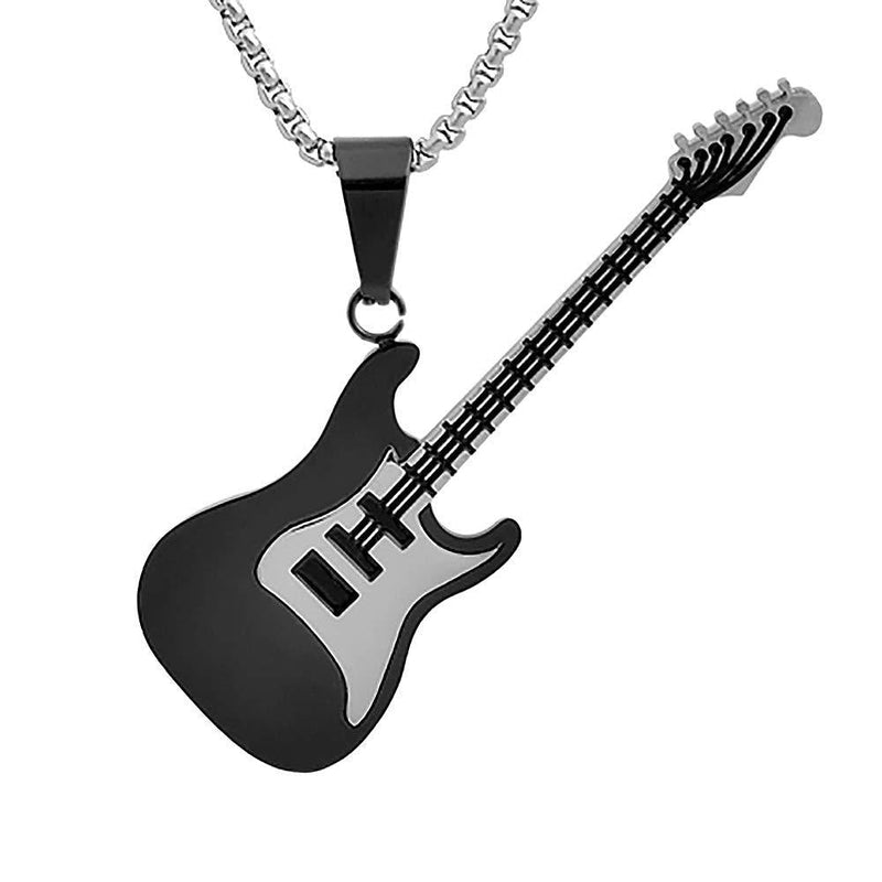 [Australia] - Magna Steel Men's Stainless Steel Rock Electric Guitar Bass Pendant Necklace with 24" 3mm Rolo Chain Black 