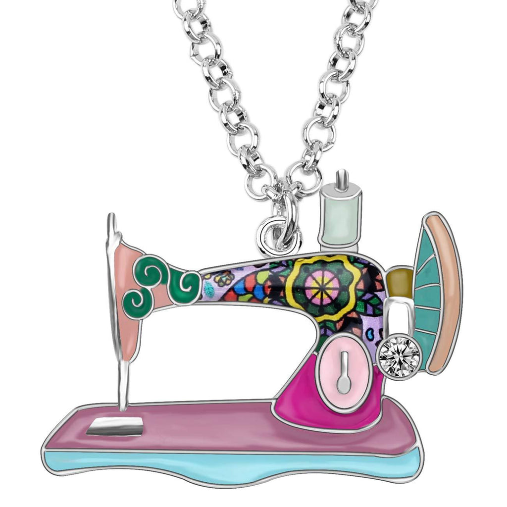 [Australia] - BONSNY Statement Enamel Rhinestone Chain Sewing Machine Necklaces Pendant Original Design for Women Girls Jewelry Pink 