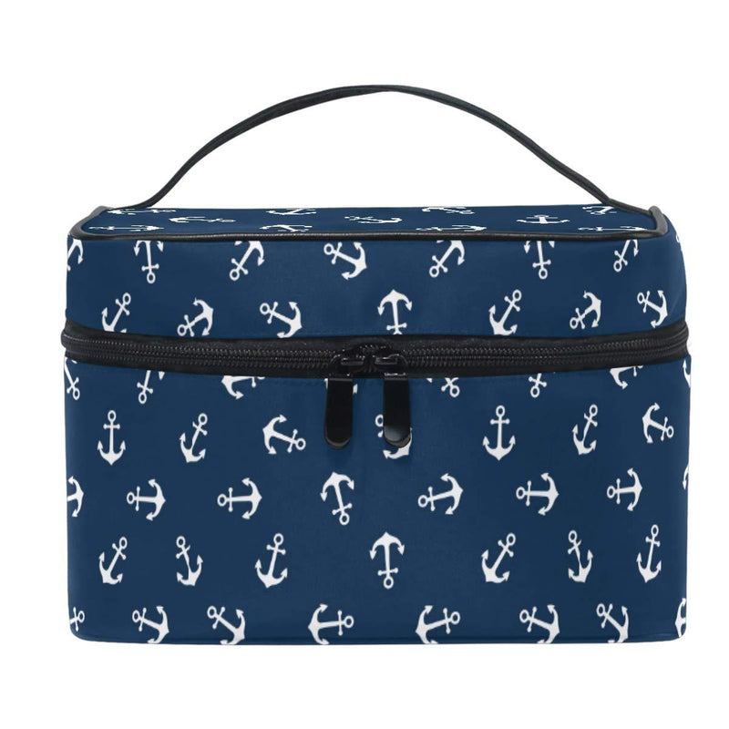 [Australia] - Nautical Anchor Makeup Bag Cosmetic Bag Toiletry Travel Brush Bag Train Case for Women marine symbol Navy Background Zip Carrying Portable Multifunctional Organizer Storage Pouch Bags Box 