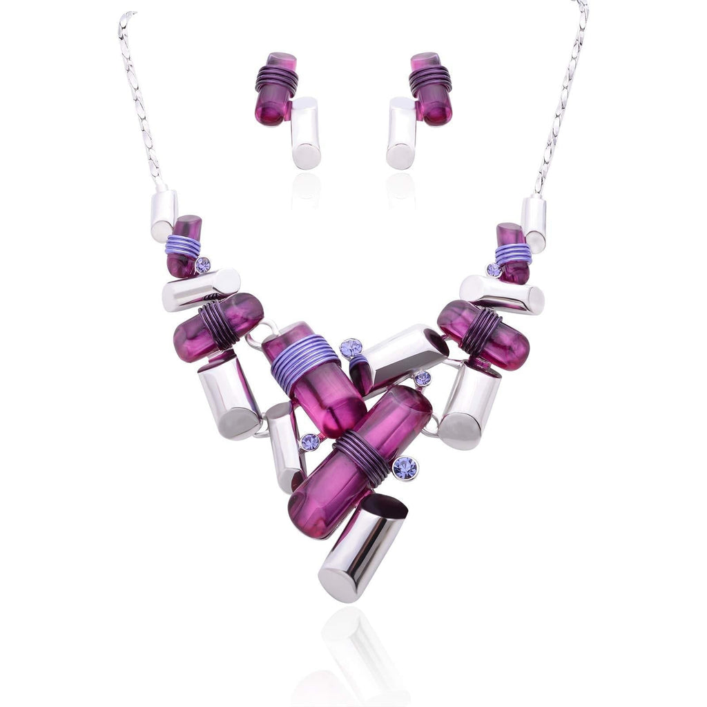 [Australia] - Fenni Women's Colored Geometric Cylindrical Statement Bib Collar Chunky Choker Necklace and Earrings Jewelry Set Purple 