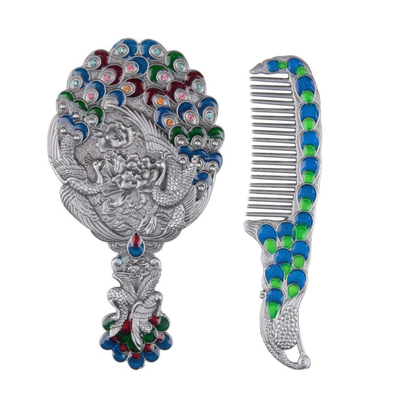 [Australia] - Nerien Women's Antique-Style Metal Peacock Russian Style Cosmetic Mirror Vanity Mirror Handle Mirror Set with Comb Antique Pewter 