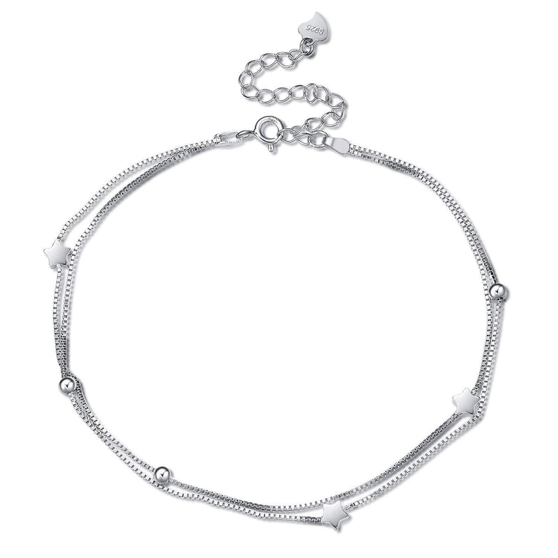 [Australia] - 925 Sterling Silver Stars Anklet Double Layered Chain Ankle Bracelets Adjustable Anklets for Women 