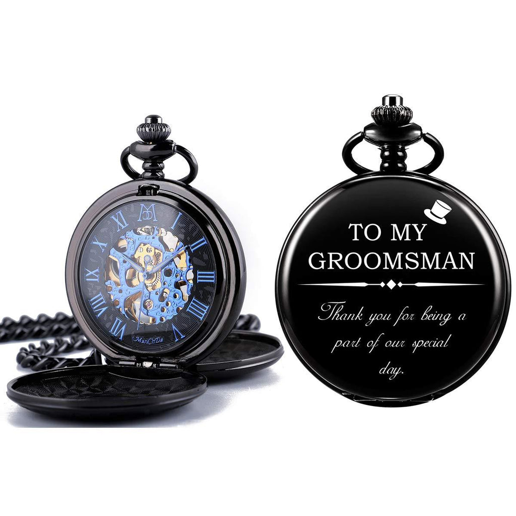 [Australia] - ManChDa Mechanical Double Cover Roman Numerals Dial Skeleton Engraved Pocket Watches with Box and Chain Personalized Custom Engraving 1.TO MY GROOMSMAN 