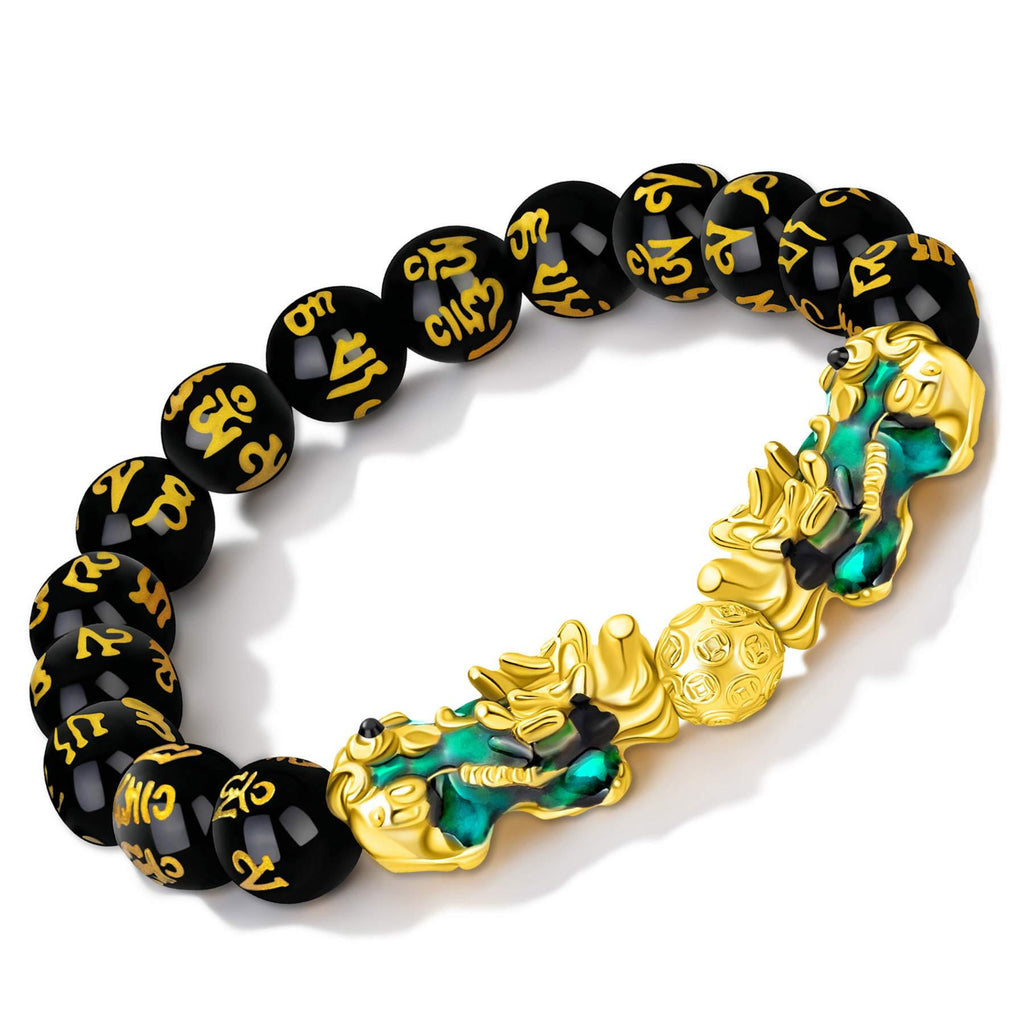 [Australia] - MANRUO Feng Shui Black Obsidian Wealth Bracelet Color Changed Pi Xiu Bracelets Dragon Mantra Bead Bangle Attract Wealth and Good Luck for Men/Women 10mm 